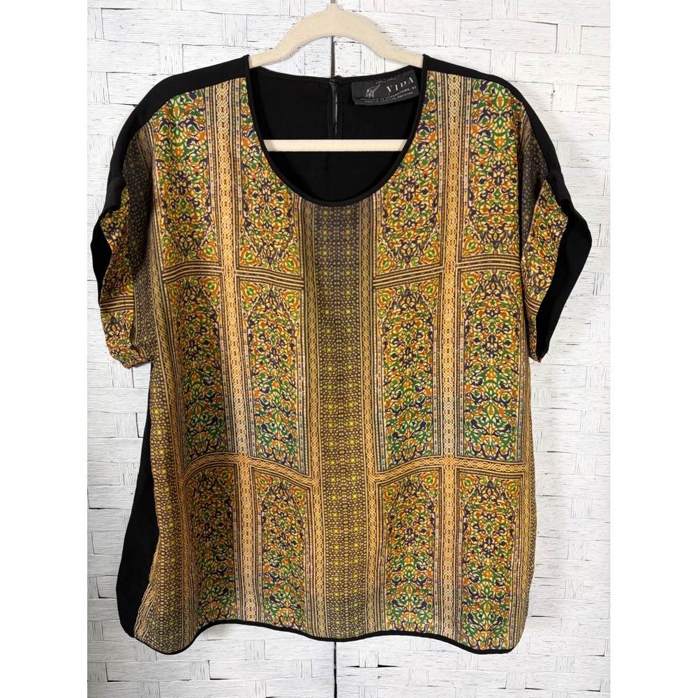 VIDA‎ Womens Blouse Black Geometric Floral Panel Print Short Sleeve